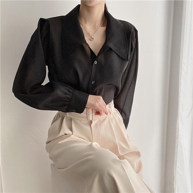 See Through Button Down Shirts Women New Loose Long Sleeve Blouse Female 2022 Summer Suncreen Tops