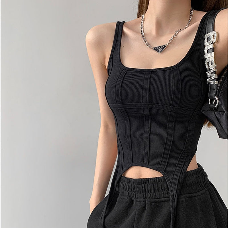 Sexy Irregular Hook White Tank Top Women Summer Square Collar Sleeveless Tops Vest Outwear