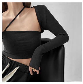 Cropped Tops Women Square Collar Slanted Shoulder Straps Halter Neck Long Sleeve T-shirt