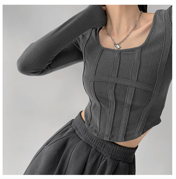 Fishbone Pattern Women's Long Sleeve T-shirt High Waist Slim Square Collar Tops Woman