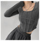 Fishbone Pattern Women's Long Sleeve T-shirt High Waist Slim Square Collar Tops Woman