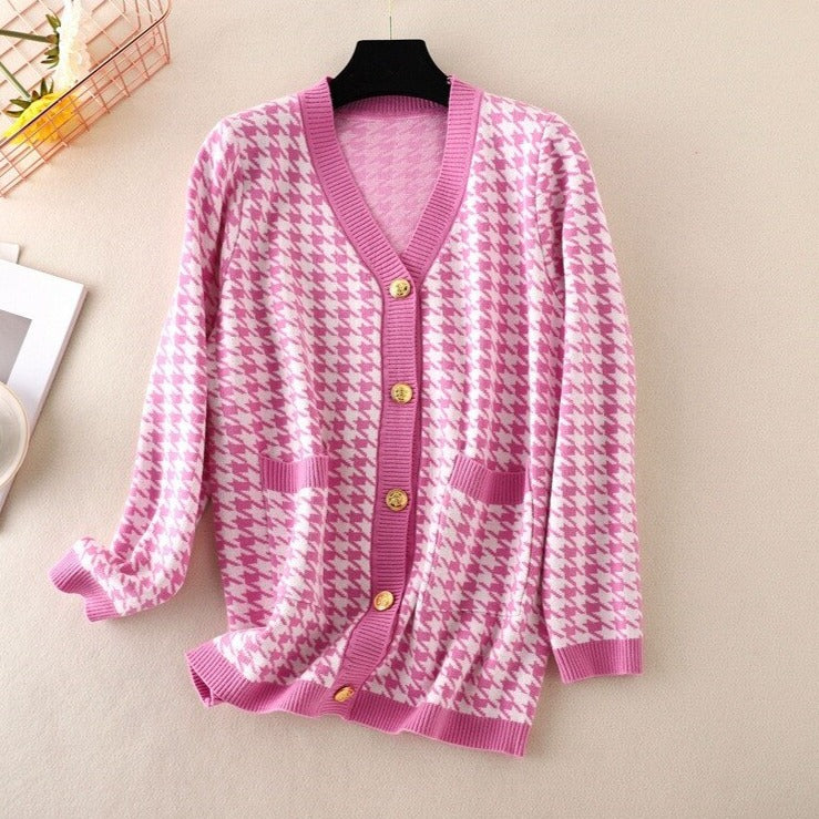 V-neck Striped Cardigans Sweaters Long Sleeve Loose Knitted Open Stitch Outwear