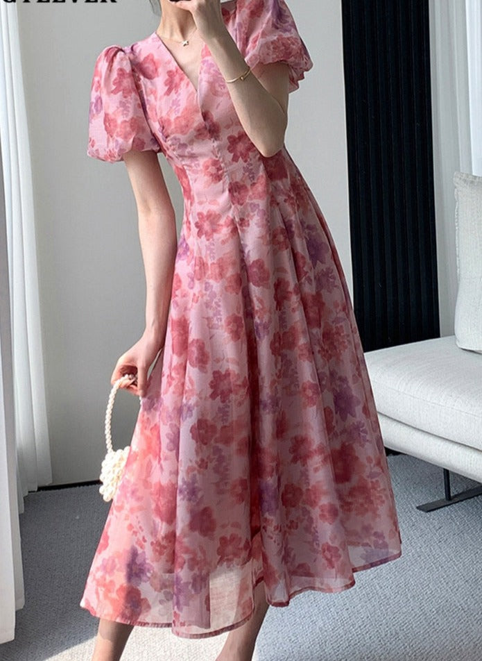 BSummer V-neck Slim Waist Floral Printed Ladies Dress Elegant Puff Sleeve A-line Vestidos