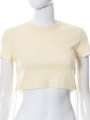 Sexy O Neck Split Ribbons Cropped T-Shirts Women Ribbed Knit Short Sleeve Slim Tshirts 2022 Summer