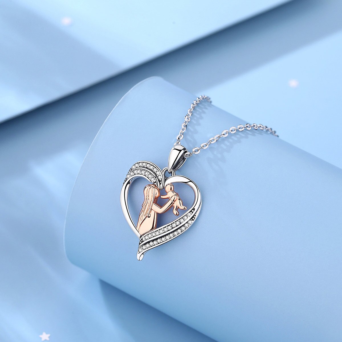 Mother and Baby Necklace Rose Gold Paved-Crystal Heart Pendant Jewelry Mother's Day Gift for Women