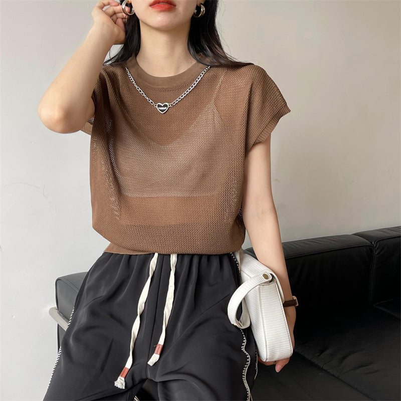 Hollow T-shirt Chain Women Summer New Solid Color Short Sleeve Knitted Tops Female 2022