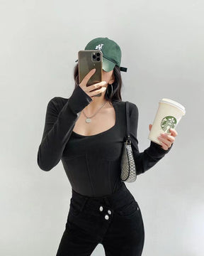 High Waist Cropped Tops Women Fashion Square Neck Long Sleeve T-Shirt Slim Basic Y2K Tees