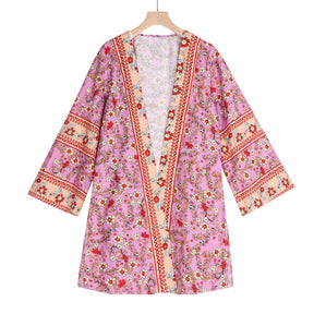 Cardigan Women Bohemian Floral Printed Blouse Open Front Loose Beach Tops Vintage Long Sleeve