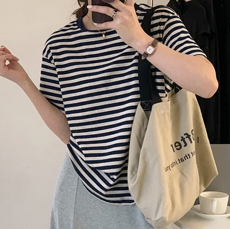 Casual O-neck Women Striped T-shirts  Spring Summer Short Sleeve Loose Female Tops