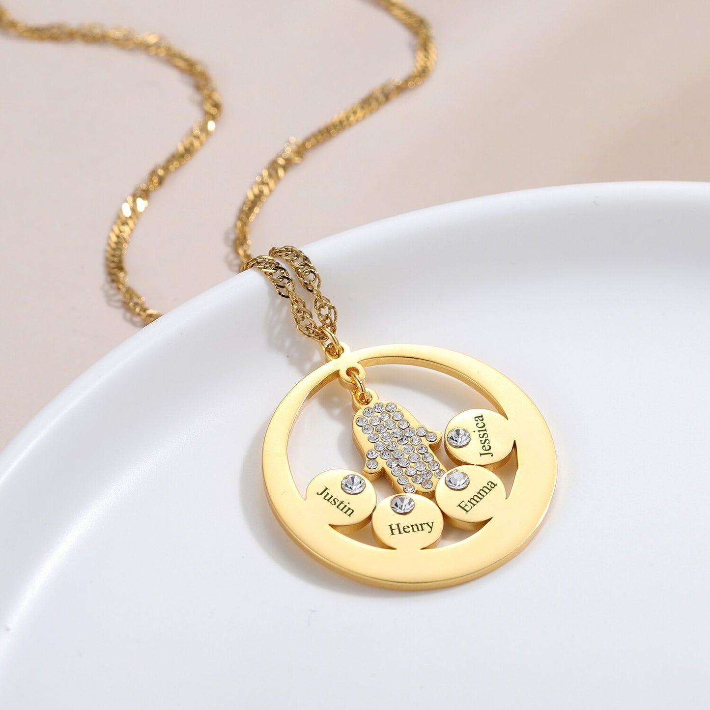 Round Family Name Necklace Hamsa Hand Stainless Steel Necklace Zircon Evil Eye Fatma's Hand