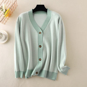 V-neck Striped Cardigans Sweaters Long Sleeve Loose Knitted Open Stitch Outwear