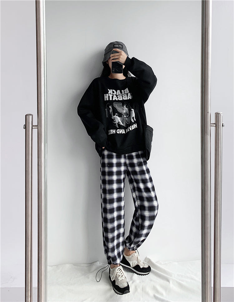 Plaid Pants Women High Waist Drawstring Loose Straight Baggy Pants 2022 Spring and Summer