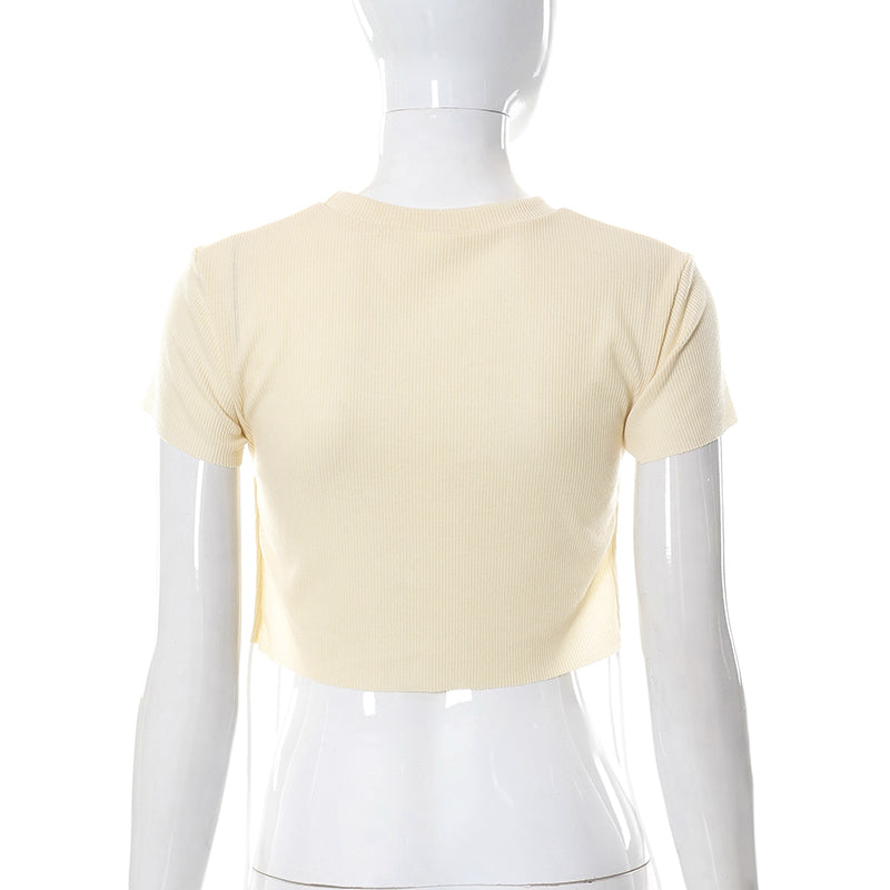 Sexy O Neck Split Ribbons Cropped T-Shirts Women Ribbed Knit Short Sleeve Slim Tshirts 2022 Summer