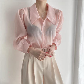 See Through Button Down Shirts Women New Loose Long Sleeve Blouse Female 2022 Summer Suncreen Tops