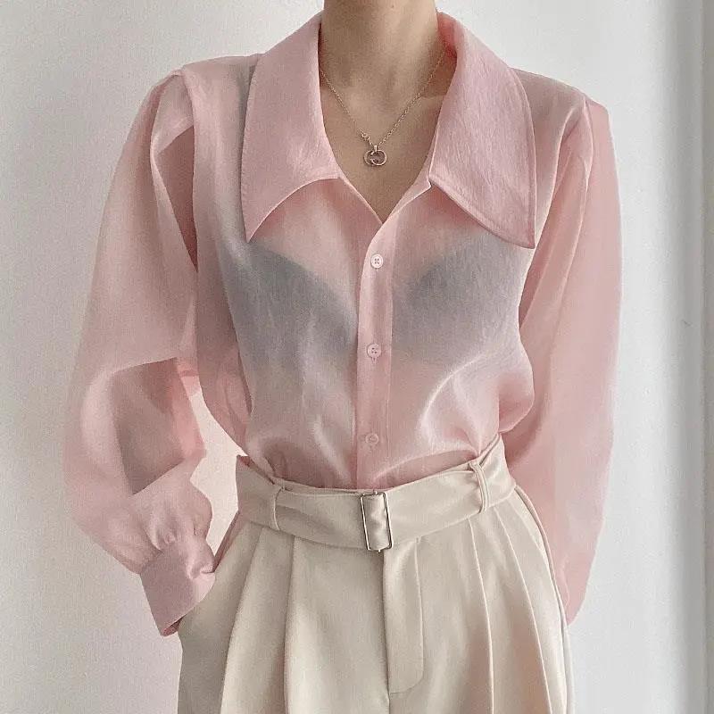 See Through Button Down Shirts Women New Loose Long Sleeve Blouse Female 2022 Summer Suncreen Tops