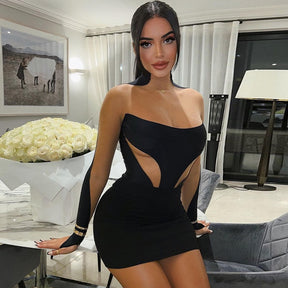 Long Sleeve Patchwork Mesh See Through Sexy Bodycon Mini Dress Evening Clothes