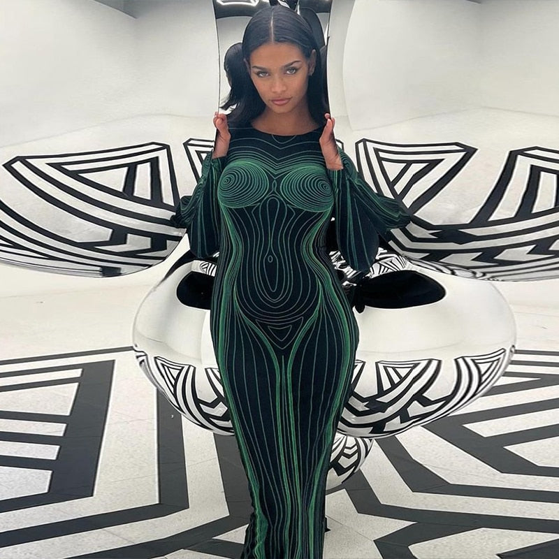 Striped Print Long Sleeve See Through Sexy Bodycon Maxi Dress