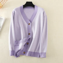 V-neck Striped Cardigans Sweaters Long Sleeve Loose Knitted Open Stitch Outwear