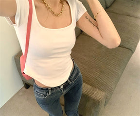 Pure Color Slim Short Sleeve Tees Women 2022 Summer Y2k Crop Fashion Sexy Blouse