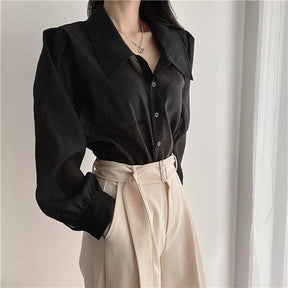 See Through Button Down Shirts Women New Loose Long Sleeve Blouse Female 2022 Summer Suncreen Tops