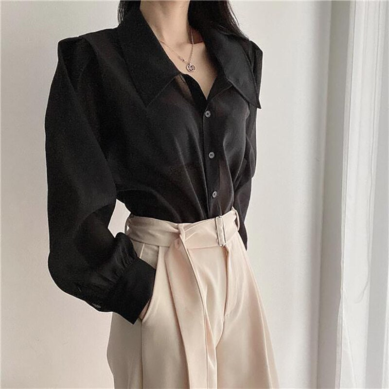 See Through Button Down Shirts Women New Loose Long Sleeve Blouse Female 2022 Summer Suncreen Tops