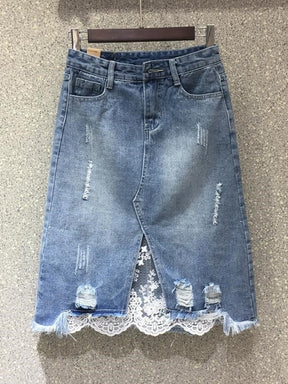 Spring Women Denim Skirts Casual Lace Irregular A-line Skirts