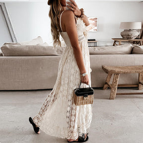 Women Dress Beach Style Elegant White Lace Spaghetti Srap Sundress Female Hollow Out Boho