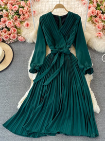 Slim Dress Elegant A Line V Neck Puff Sleeve Chiffon Pullover Mid-Calf Dresses