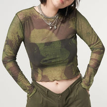 Sexy See Trough Crop Top Graphic Print Green Mesh Sheer T-shirt