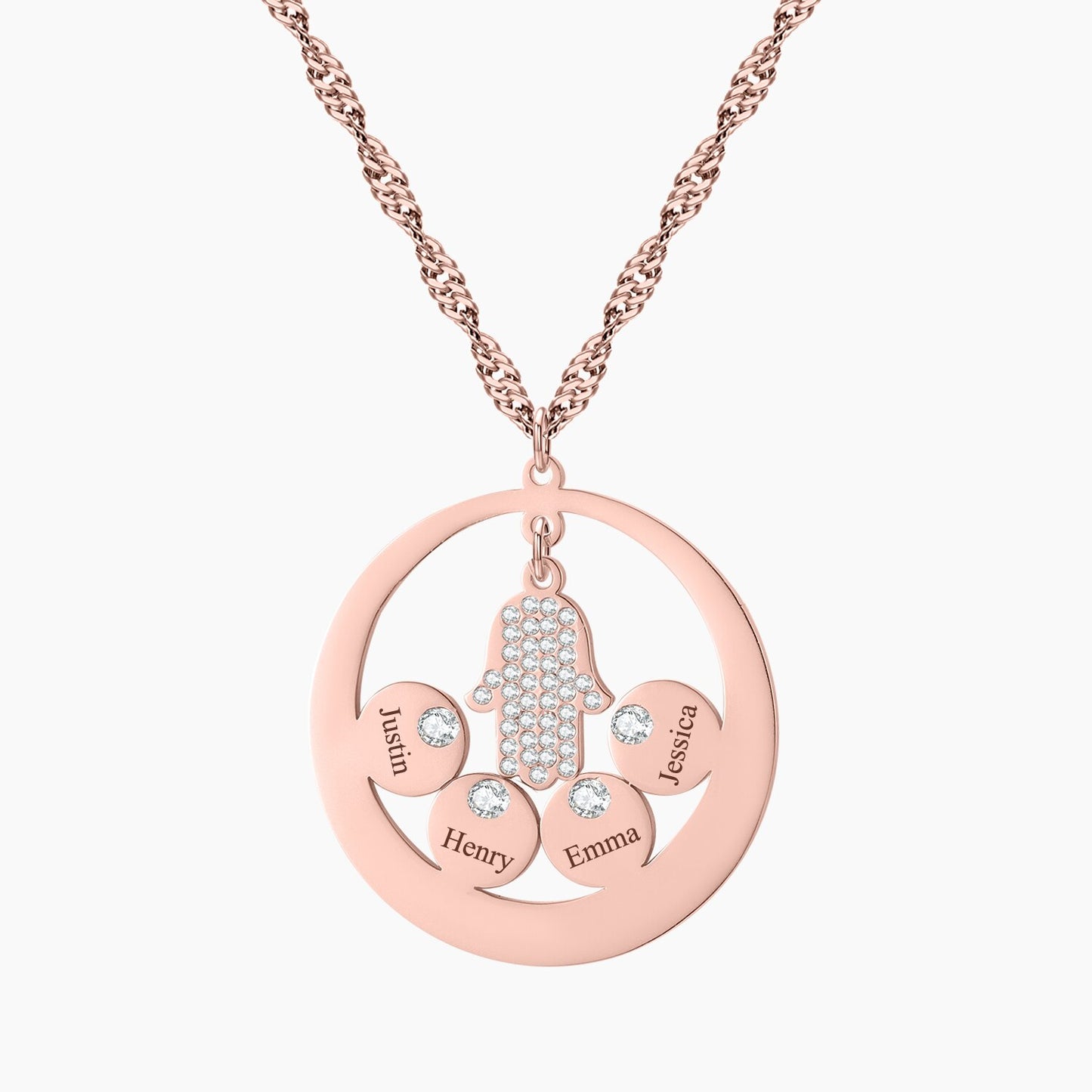 Round Family Name Necklace Hamsa Hand Stainless Steel Necklace Zircon Evil Eye Fatma's Hand