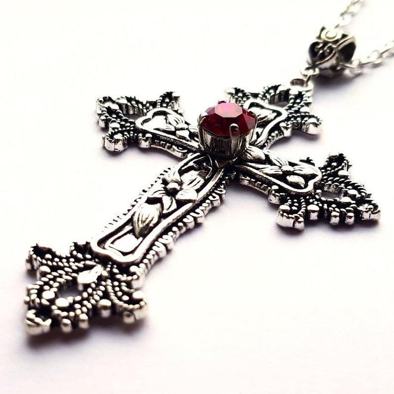 Large Detailed Cross Drill Pendant Necklace Silver Color Tone Gothic Punk Jewellery