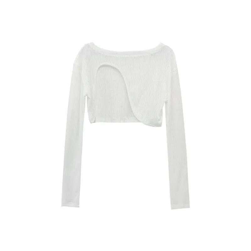 Hollow Smock T Shirt Women Summer Thin Irregular Long Sleeve Knitted