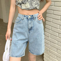 Jeans Shorts Summer High Waist Pockets Female Wide Leg Denim Shorts