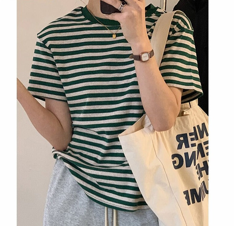 Casual O-neck Women Striped T-shirts  Spring Summer Short Sleeve Loose Female Tops