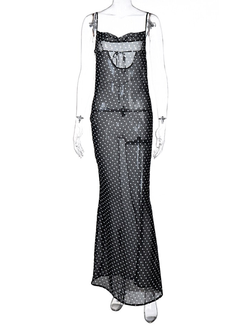 Sleeveless Zip Up Bandage Point Print Mesh See-Through Maxi Dress Sexy Clothings