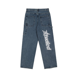 jeans con ricamo di lettere hip-hop retrò pantaloni larghi a gamba dritta pantaloni a gamba larga per coppie di uomini e donne