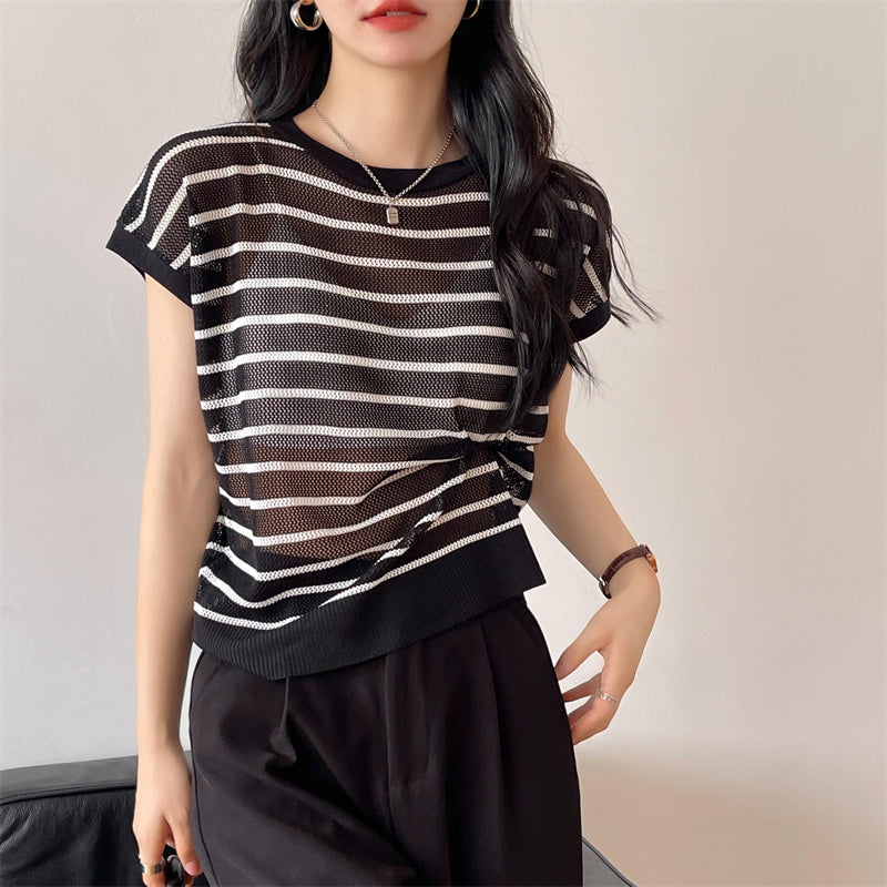 Hollow T-shirt Chain Women Summer New Solid Color Short Sleeve Knitted Tops Female 2022