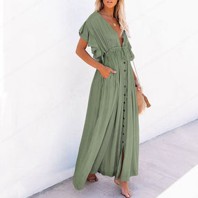 Summer Beach Maxi Dress Women Boho Long Bikini Cover Up High Waist Casual V-Neck Dresses