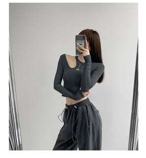 Hollow T-shirt Women Fashion Slim Y2K Cropped Tops Off Shoulder Long Sleeve Tees Woman