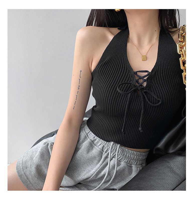 Y2K Damenmode Schlank V-Ausschnitt Neckholder Weste Einfarbig Frau Bandage Crop Tops