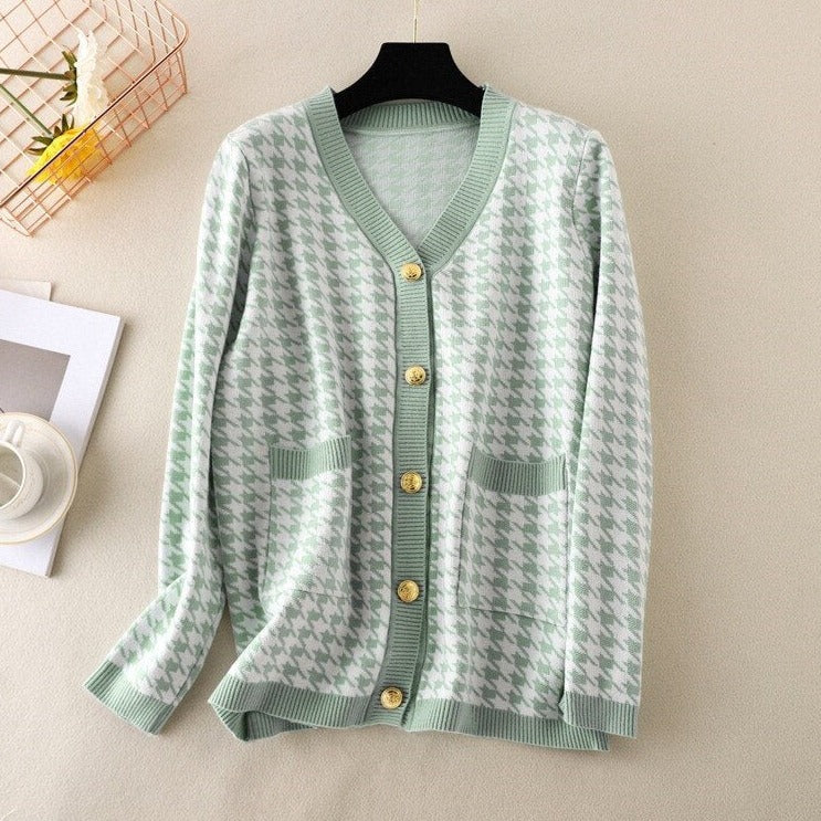 V-neck Striped Cardigans Sweaters Long Sleeve Loose Knitted Open Stitch Outwear