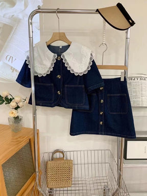 Abito estivo dolce in denim con colletto Peter Pan in pizzo Top monopetto + gonne a trapezio a vita alta