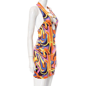 Sexy Print Halter Neck Bodycon Mini Dress Women Half Sleeve Backless Stretchy Dresses 2022 Summer