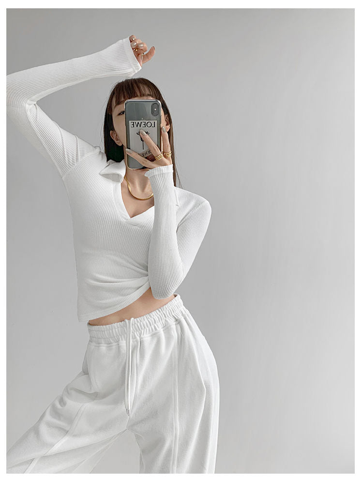 Maglietta da donna sexy con scollo a V Slim Fitness Polo a maniche lunghe da donna Top corto a vita alta