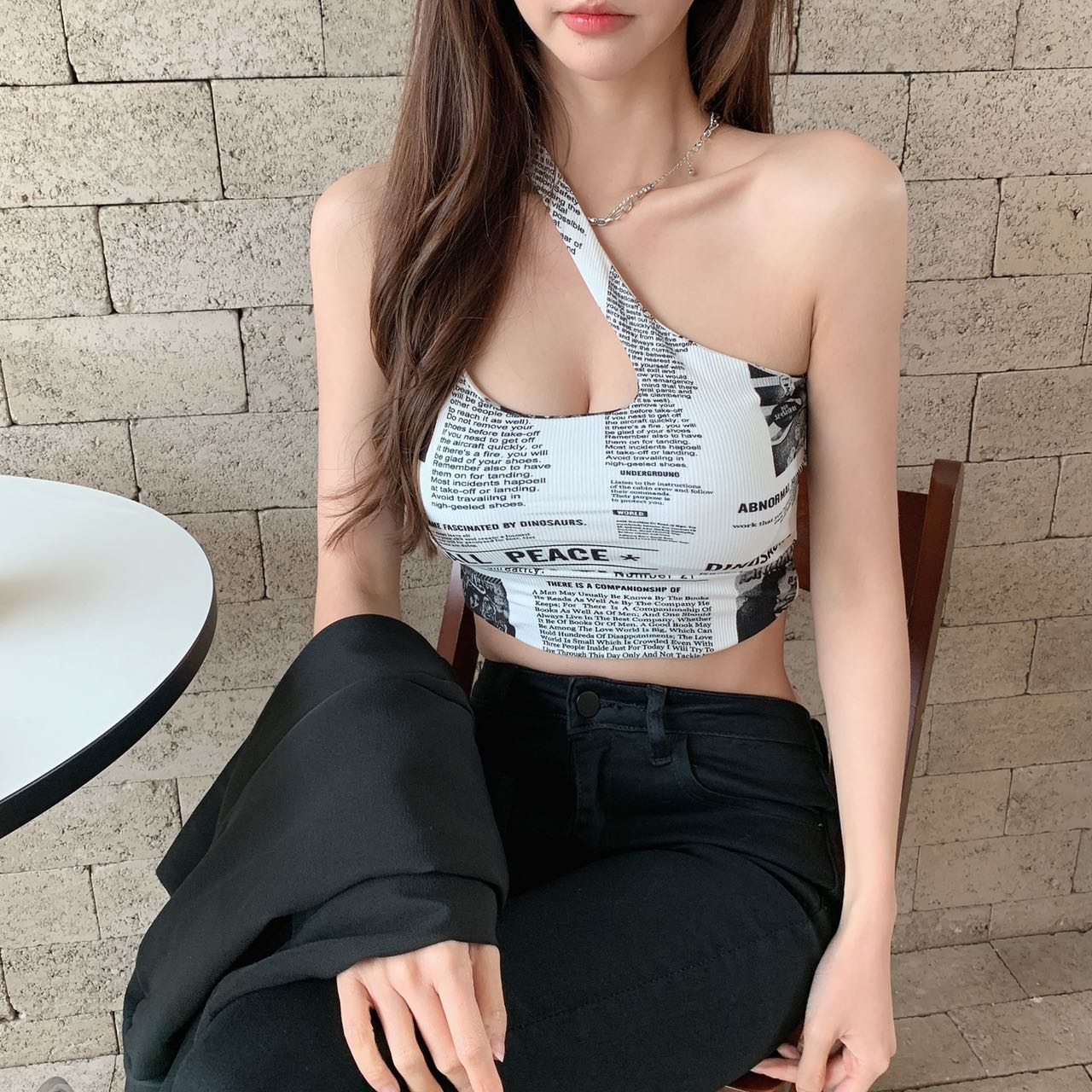 Newspaper Print Camisole Women Slanted Shoulder Hollow Sleeveless Tops Beautiful Back Woman