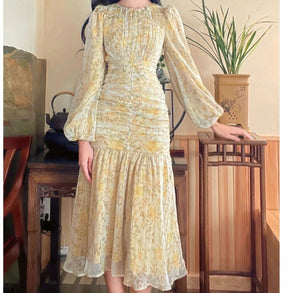 O-neck Floral Print Dress Slim Waist Female A-line Dress Spring Autumn Chiffon