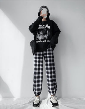 Plaid Pants Women High Waist Drawstring Loose Straight Baggy Pants 2022 Spring and Summer