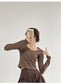 Fishbone Pattern Women's Long Sleeve T-shirt High Waist Slim Square Collar Tops Woman