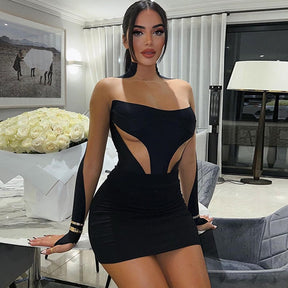 Long Sleeve Patchwork Mesh See Through Sexy Bodycon Mini Dress Evening Clothes