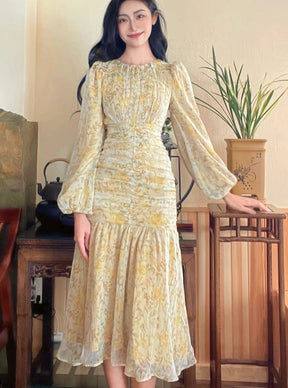 O-Ausschnitt Blumendruck Kleid dünne Taille weibliches A-Linie Kleid Frühling Herbst Chiffon